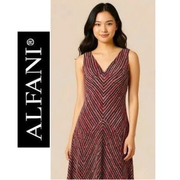 ALFANI - 100% silk sleeveless red herringbone print dress - Picture 2 of 10